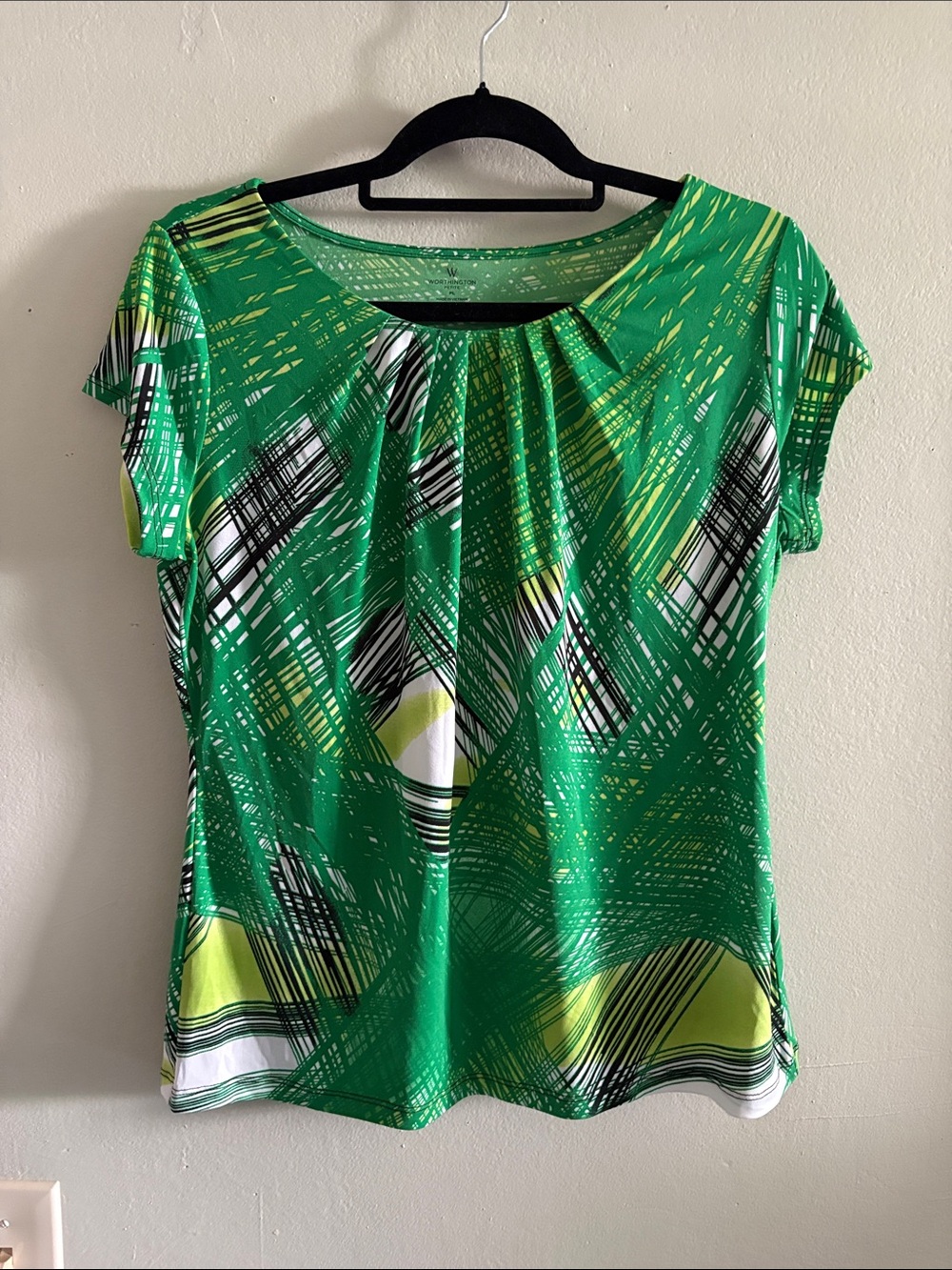 Worthington Green Abstract Print Short Sleeve Scoop Neck Top PL